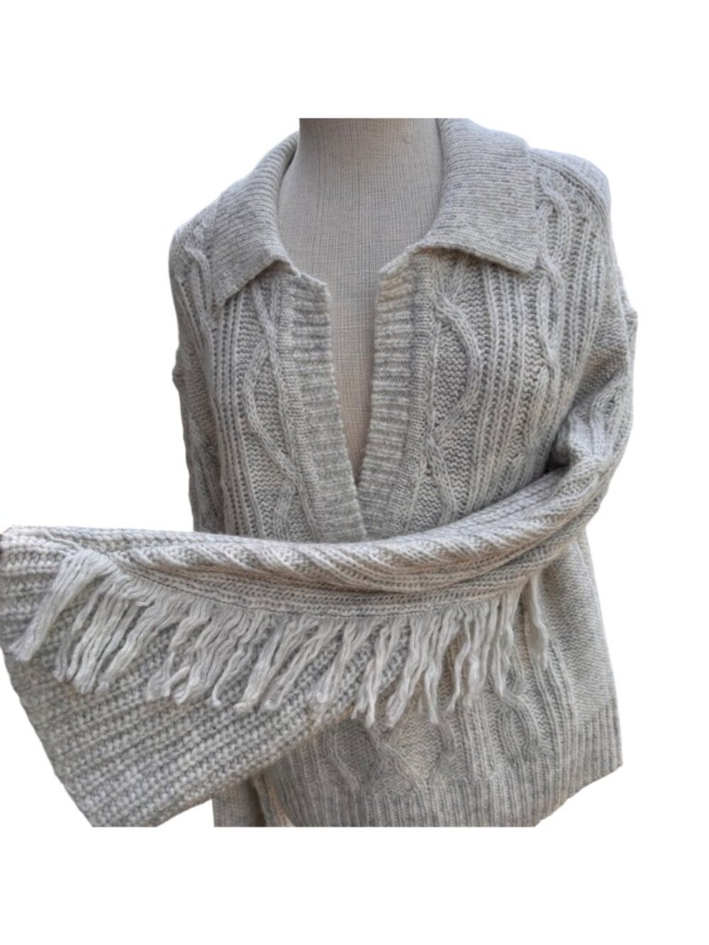 White House Black Market WHBM Sweater V-Neck LS Fringe Pullover Heather Medium - Picture 8 of 16